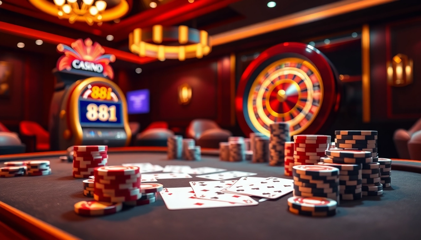 Experience the thrill of the casino with the link 88i, featuring poker chips and an illuminated slot machine.