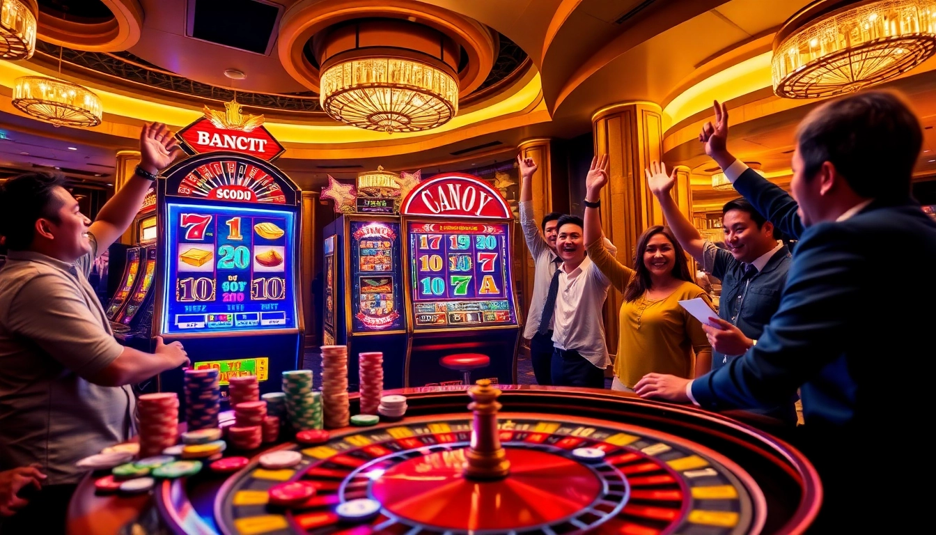 Experience the excitement of slot gacor hari ini in a lively casino with vibrant slot machines and players winning.