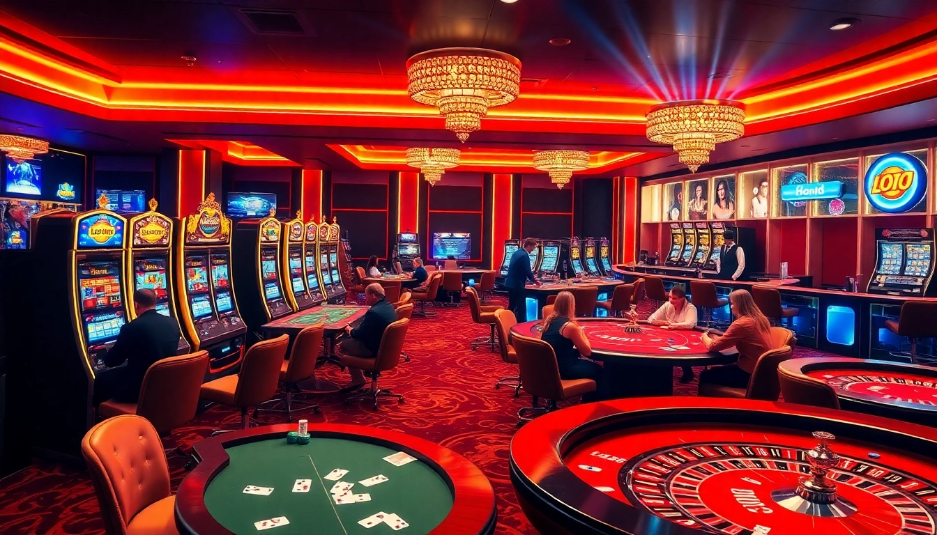 Hitclub casino featuring gamers engaged at luxury tables and slot machines, showcasing excitement.