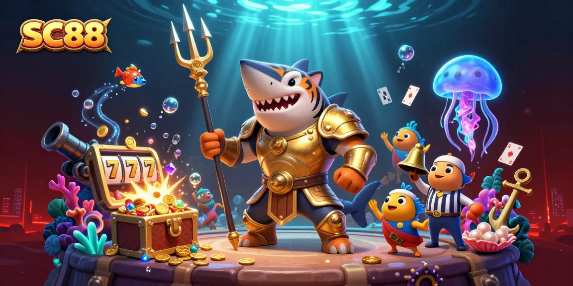 SC88 showcases thrilling underwater casino action with a gladiator shark, treasure chests, and glowing slot reels.