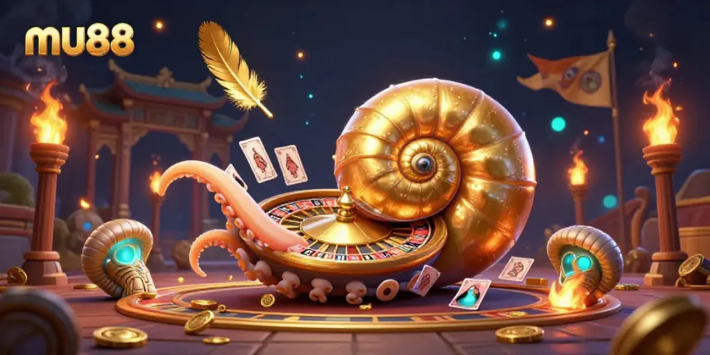 Engage with the thrilling world of mu88, featuring an ancient nautilus as a roulette wheel surrounded by glowing treasures.