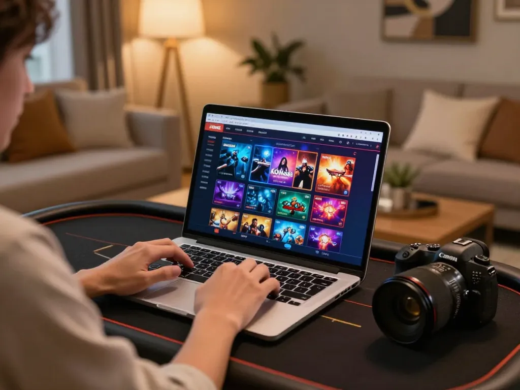 KONG88 player enjoying an immersive online gaming experience in a cozy home setting with a laptop interface.