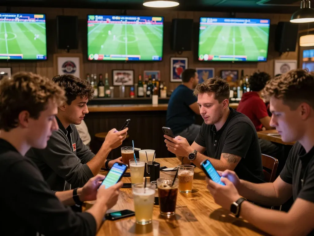 Excited sports fans engaging with cakhia tv during live games at a bustling sports bar, capturing the essence of betting excitement