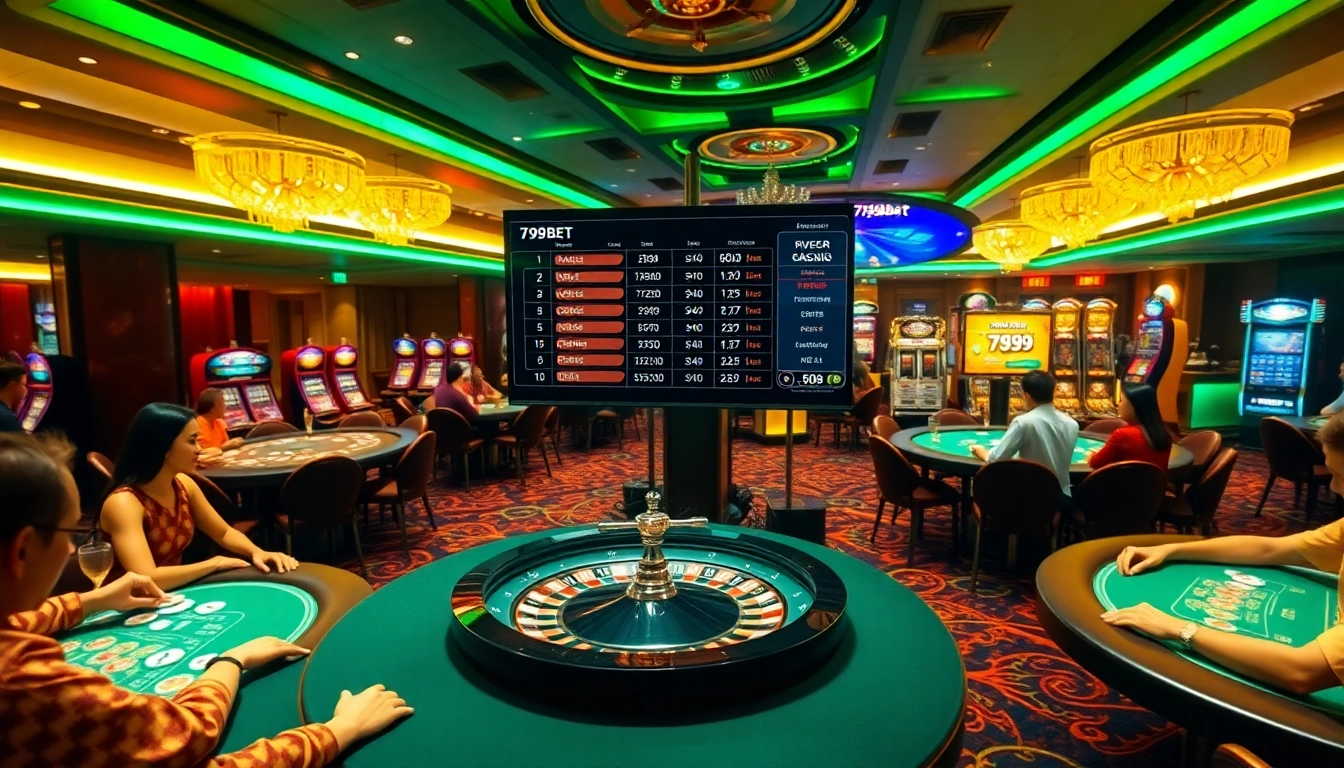 Engaging casino scene featuring nhà cái 789BET gaming tables, poker chips, and luxurious decor.