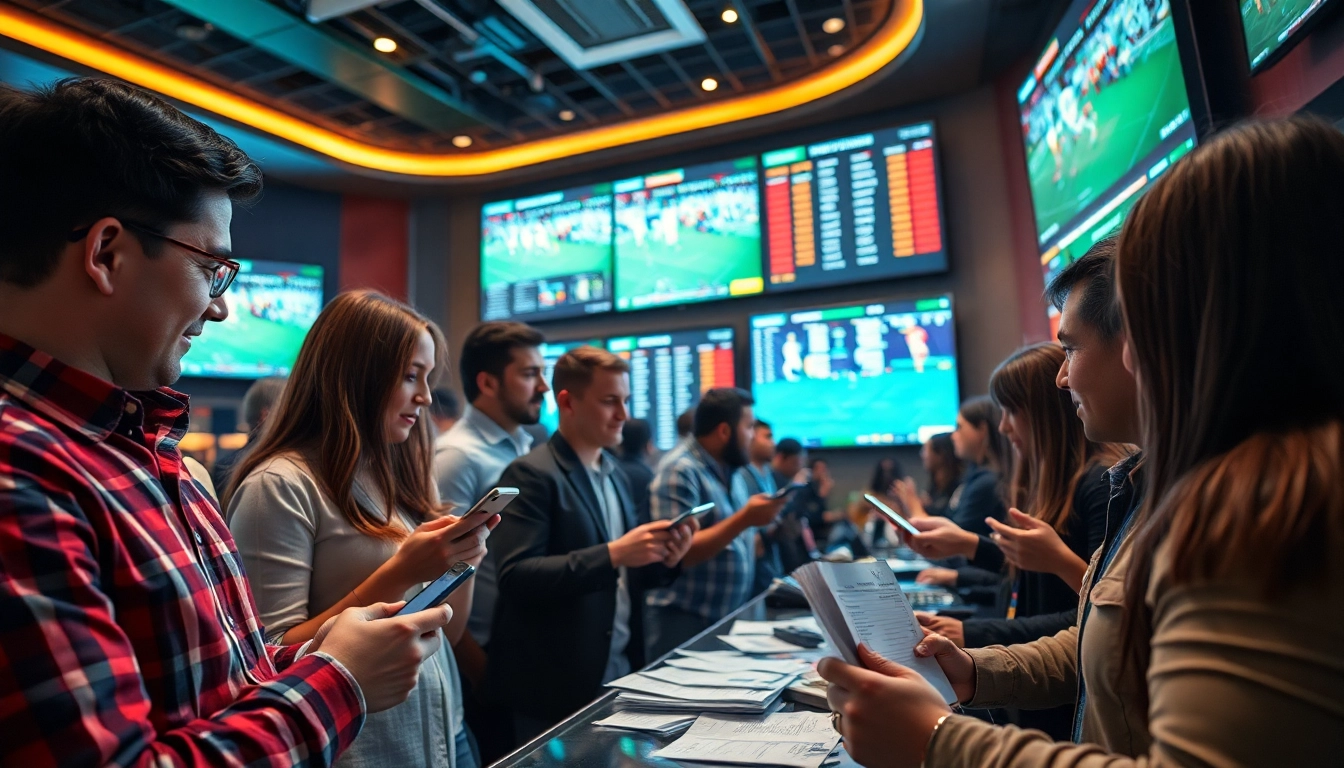 Engaged bettors analyzing odds and placing wagers in a vibrant sports betting environment.