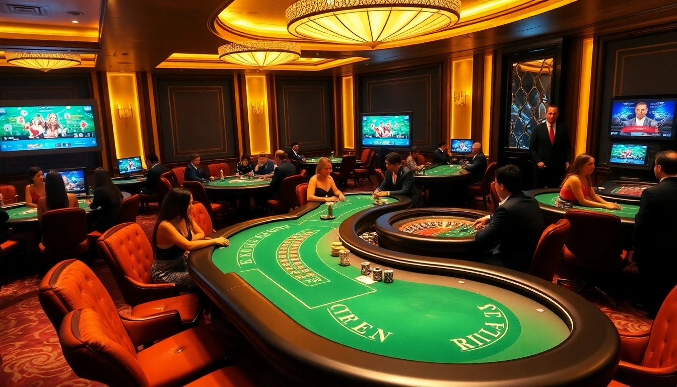 Players enjoying vibrant casino games at nhà cái rr88 with luxurious décor and exciting atmosphere.