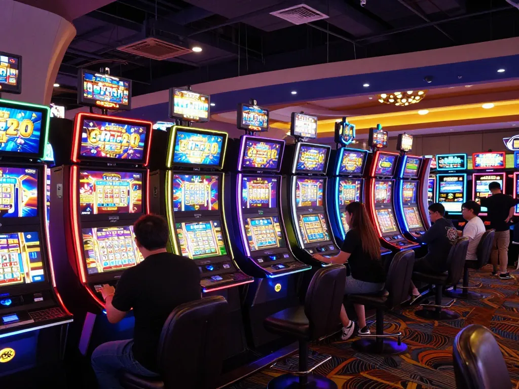 Players enjoying situs slot games at bright casino machines under lively neon lights