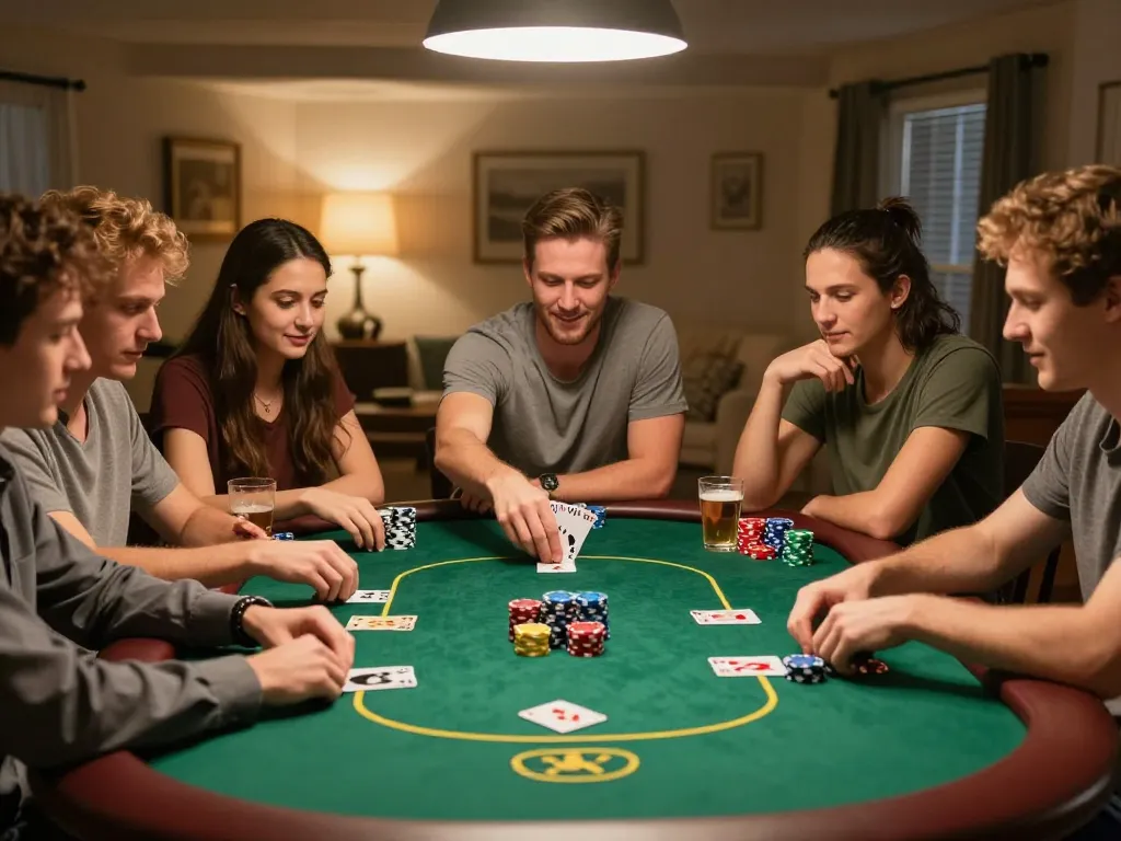 A lively poker night with friends playing Texas Hold'em, showcasing Cakhia gaming action in a cozy atmosphere.