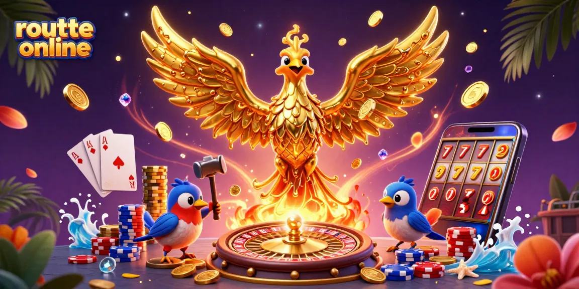 Play roulette online with excitement as a golden phoenix rises from coins in a dynamic casino scene.