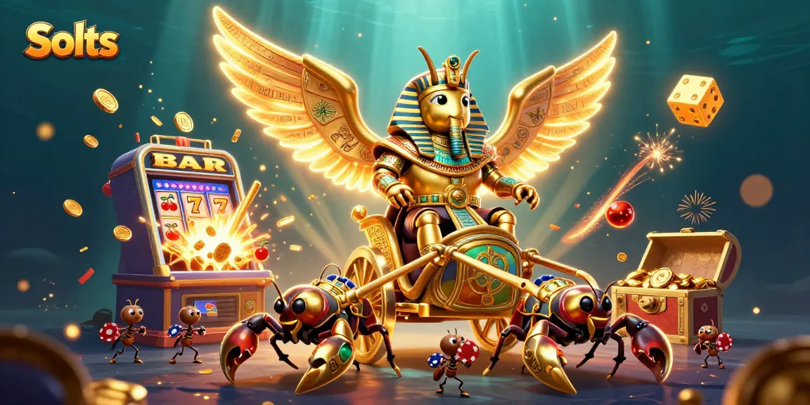 Experience thrilling slots as a colossal golden scarab beetle rides through a vibrant chariot, surrounded by jackpot explosions.
