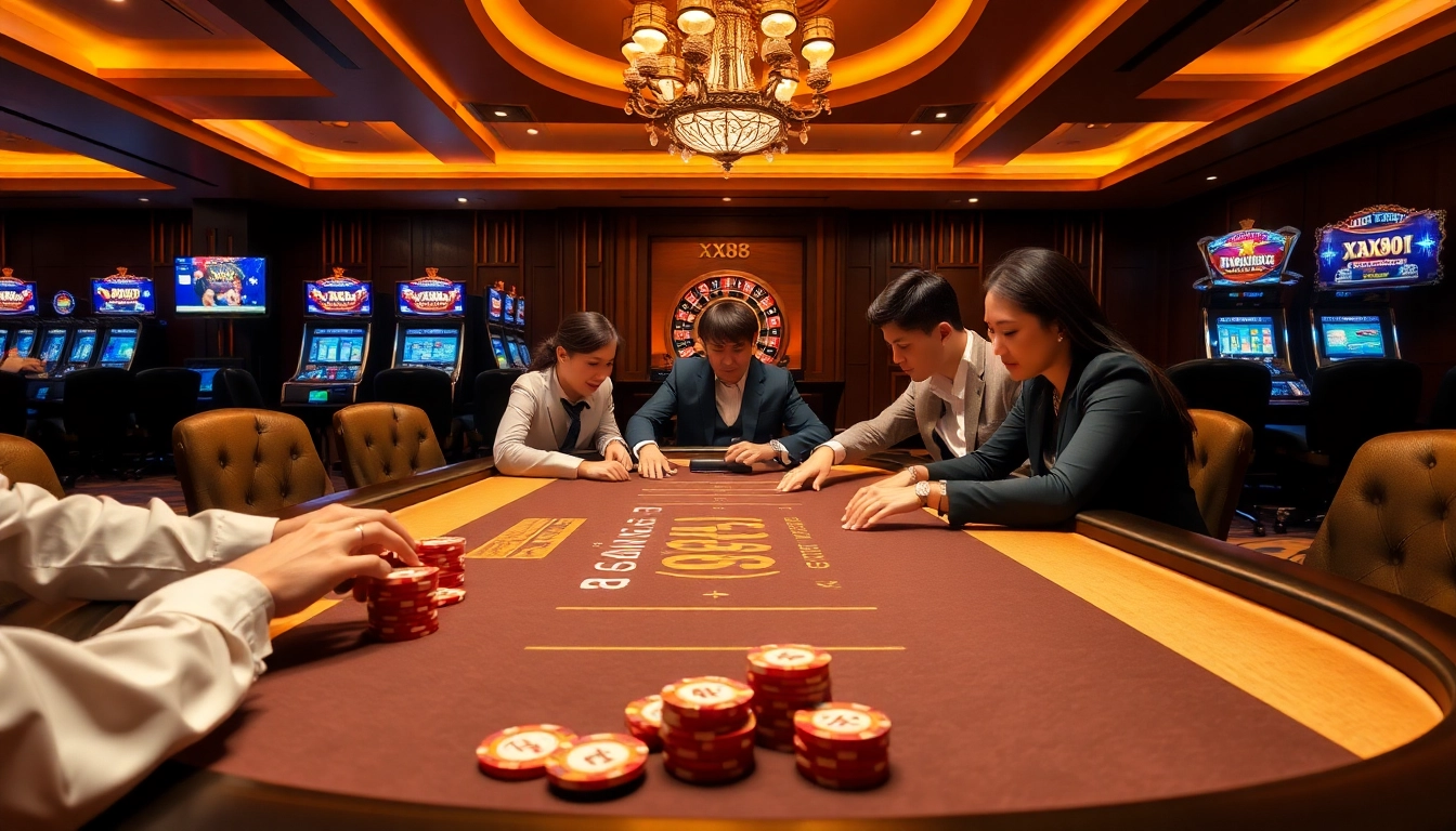 Experience thrilling gameplay at XX88 casino with poker tables, roulette wheels, and vibrant slot machines.
