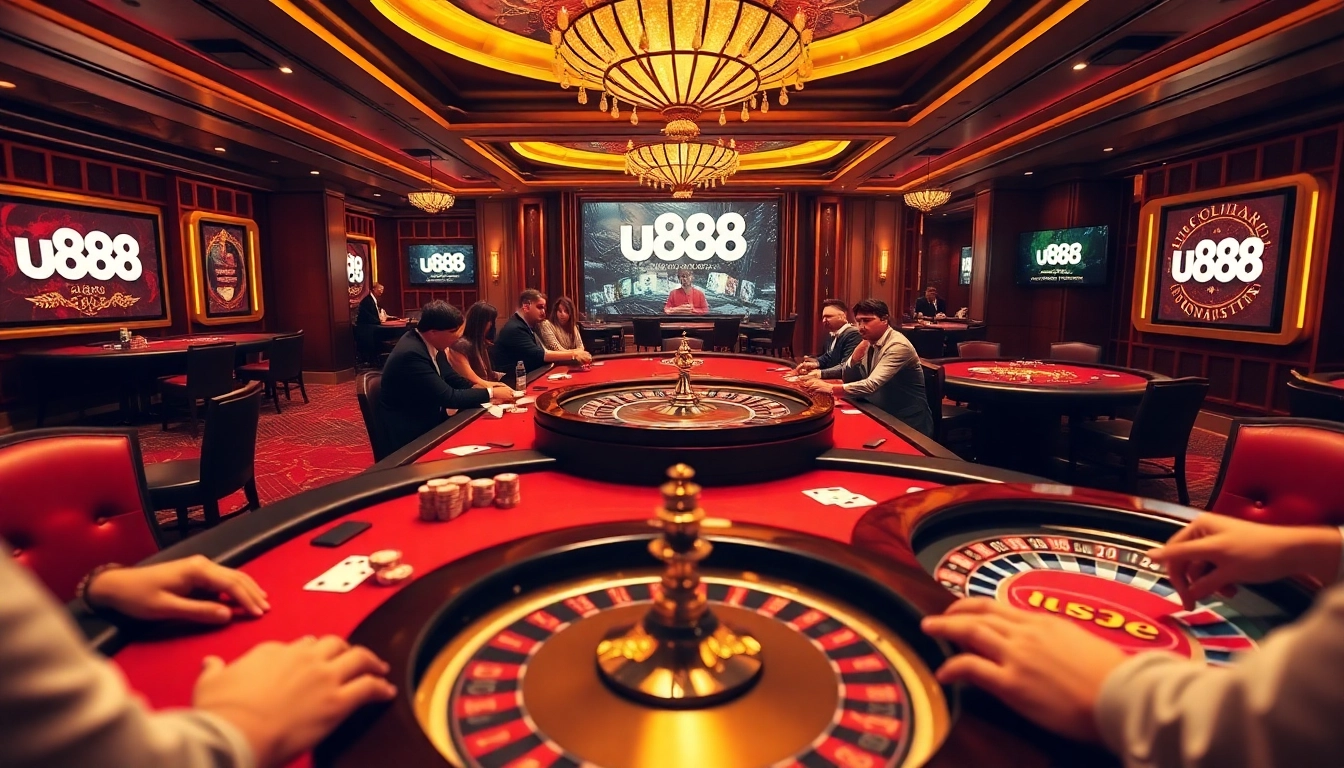 Engaging casino action with u888 branding amidst players at poker tables and roulette.