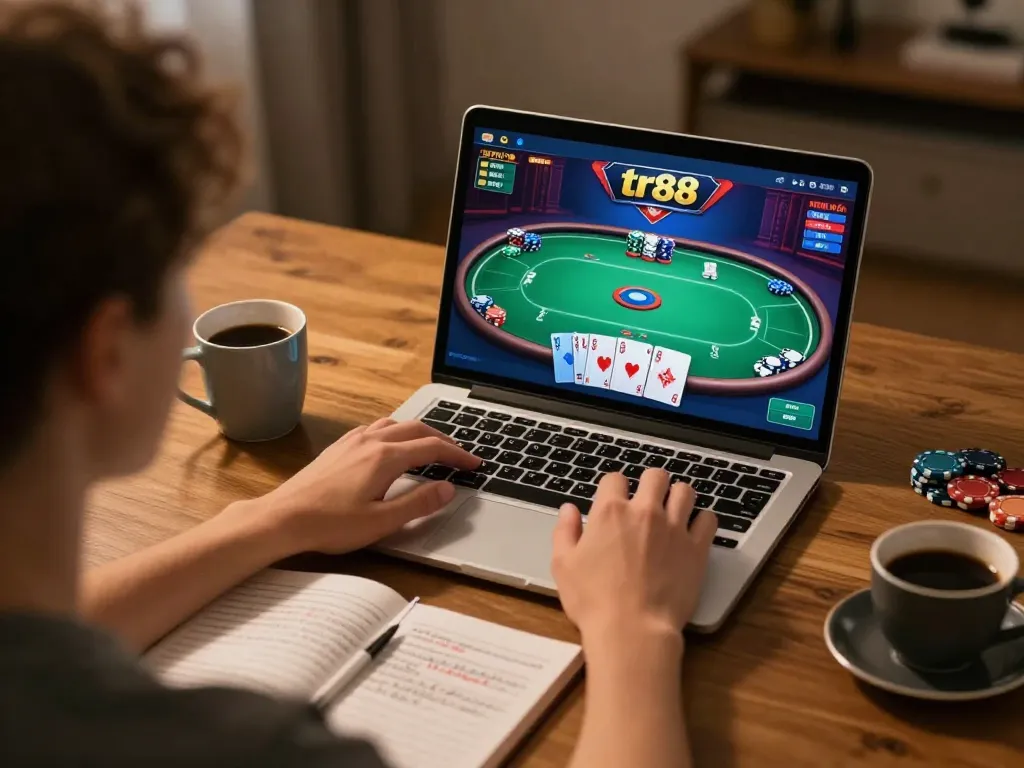 Engaged player enjoying tr88 casino on a laptop at home, showcasing poker gameplay.