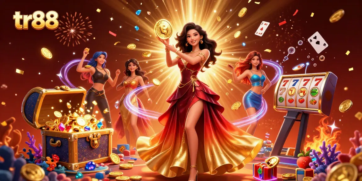 Experience thrilling jackpots at tr88 with a stunning golden coin held by a graceful character amidst vibrant casino elements.