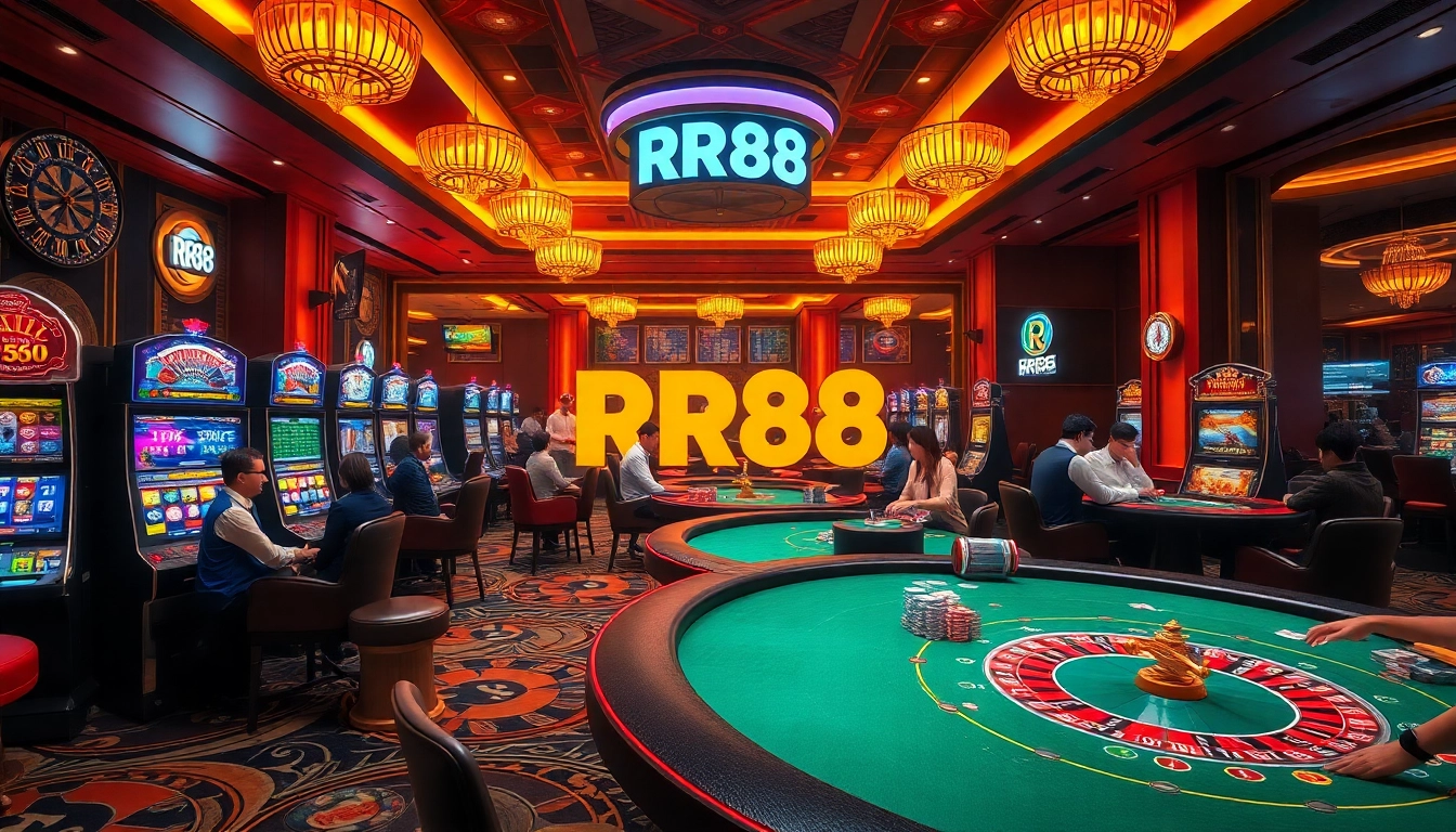 RR88 players celebrating wins at vibrant casino tables with roulette wheels and colorful chips.