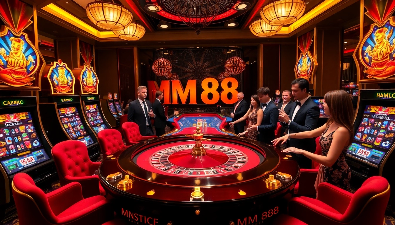 Exciting gameplay at MM 88 with vibrant slot machines and a roulette table.