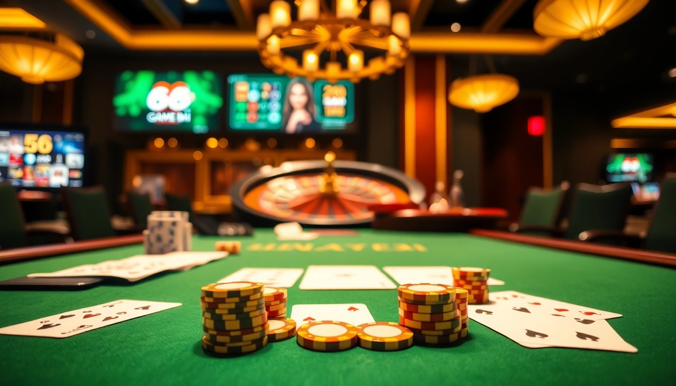 A thrilling scene of 68 game bài showcasing poker action, colorful chips, and a roulette wheel.