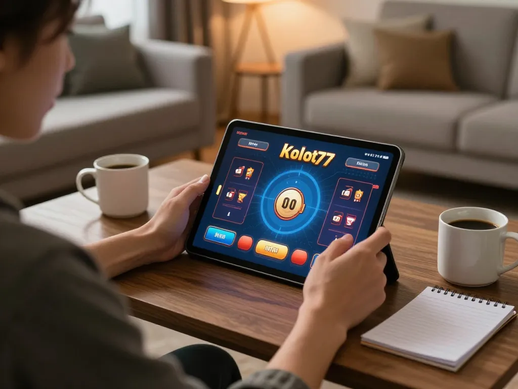Player engaging in kdslot77 games on a tablet in a cozy living room.