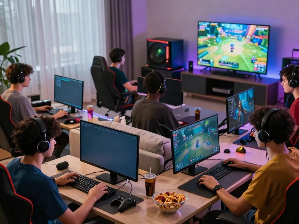 A diverse group of gamers enjoying akunjp games in a lively living room setting with modern gaming gear.