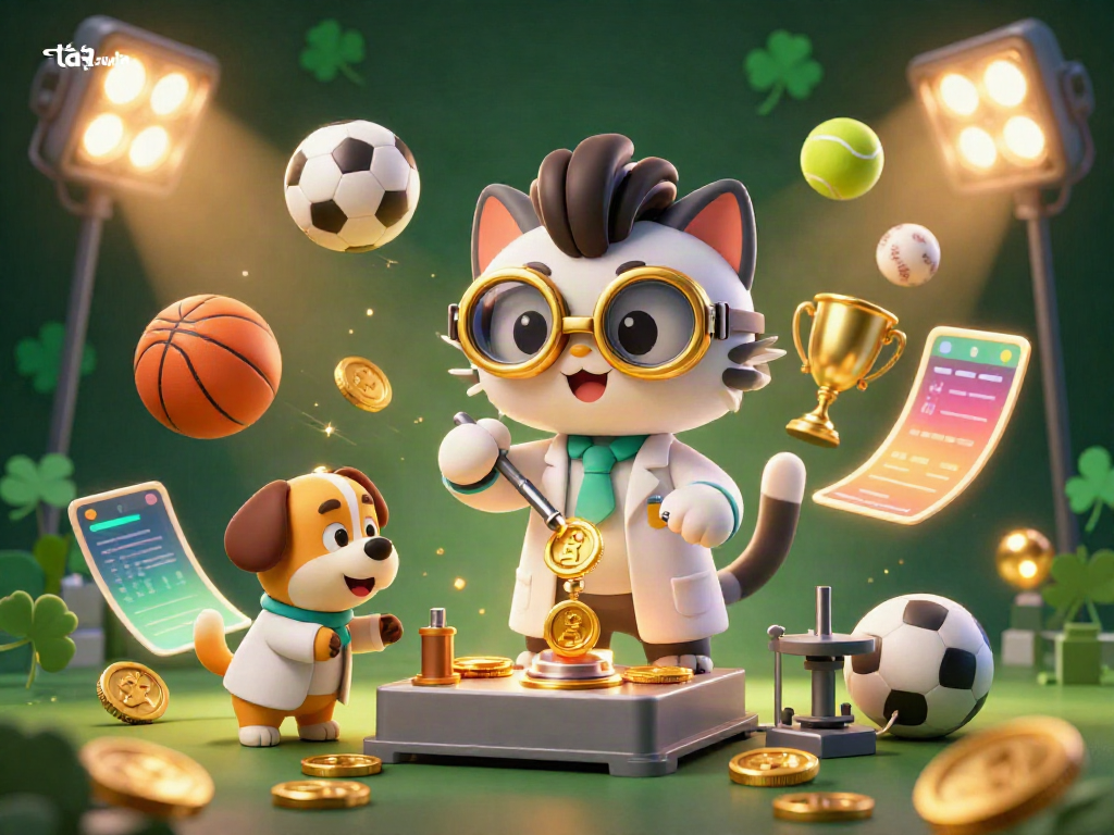 Engage with tải sunwin in this dynamic 3D casino scene featuring a mad scientist cat and loyal dog, generating gold coins amidst flying sports elements.