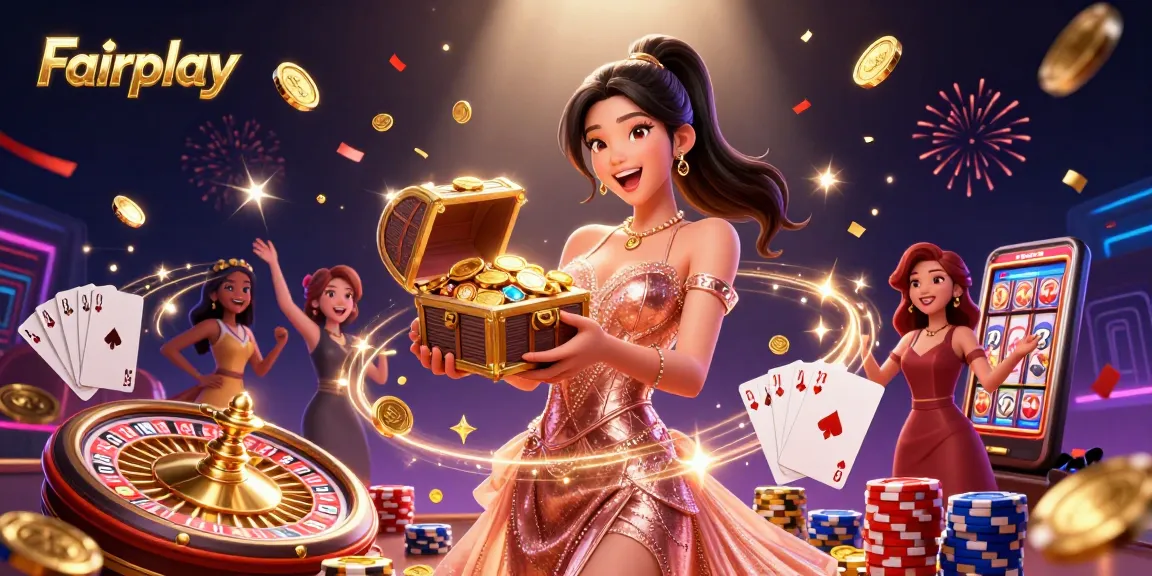 Win big at Fairplay with an exciting 3D casino scene featuring treasures and gaming elements.