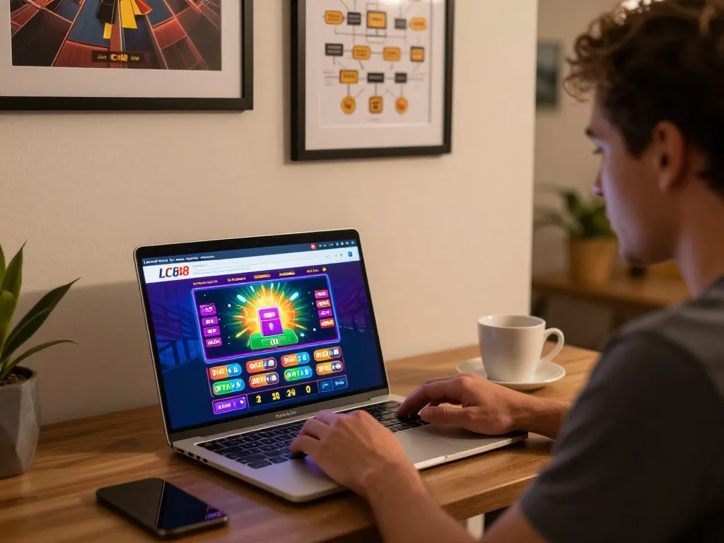 Player engaging in online gaming at LC88, showcasing a laptop interface for a strategic betting experience.