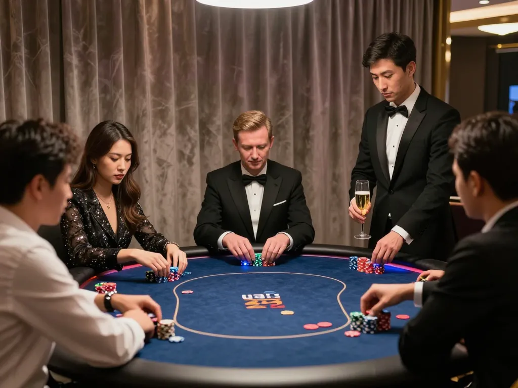 High-stakes poker gameplay at a luxurious w188 vip gaming area with exclusive decor and engaged players