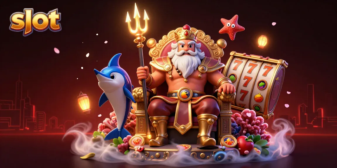 Spin the slot reels with vibrant symbols around Neptune in this detailed casino illustration.