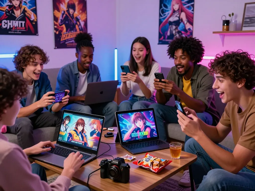 Engaging scene of friends enjoying porngames on various devices in a vibrant gaming room.