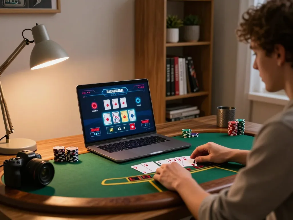 Player engaging in live dealer blackjack at home using 123bmvp for strategic play.
