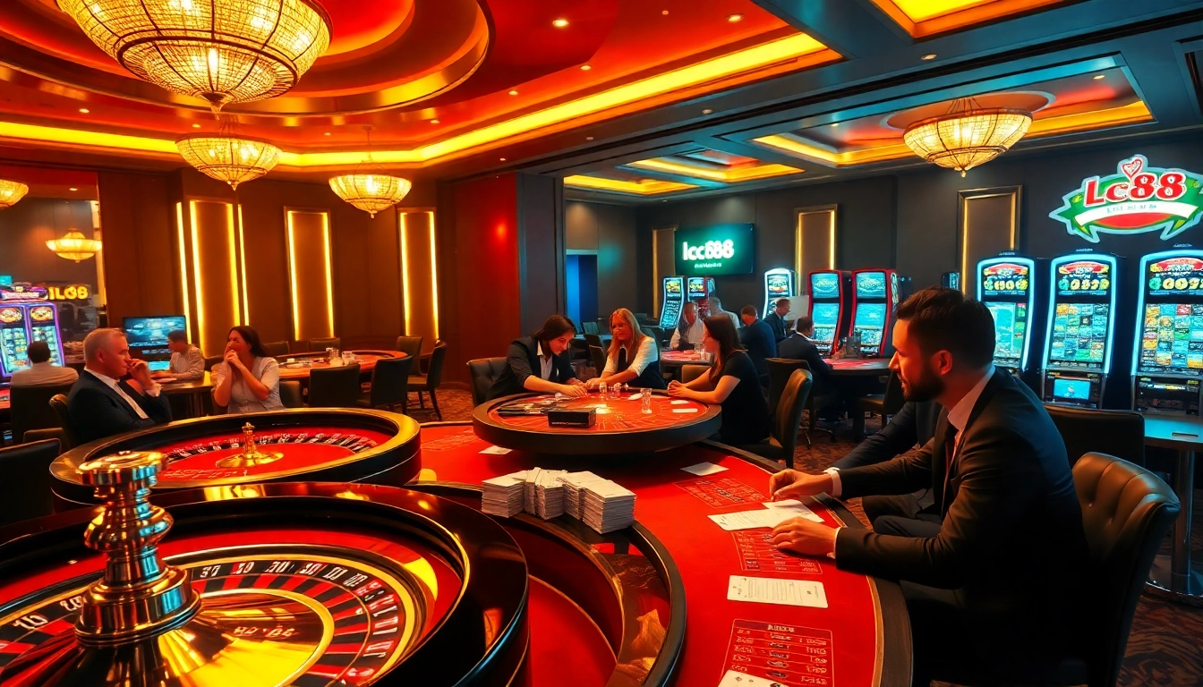 Exciting casino atmosphere featuring lc88 branded tables and slot machines.