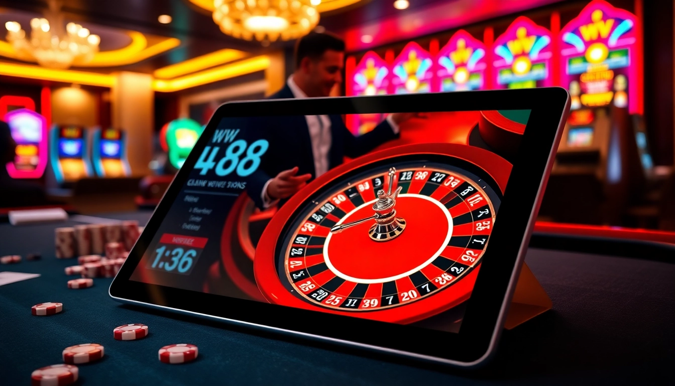 WW88 online gambling table with poker chips and roulette, embodying excitement.