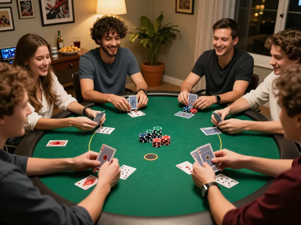 Friends enjoying a competitive poker night while strategizing their next move on sc88vn