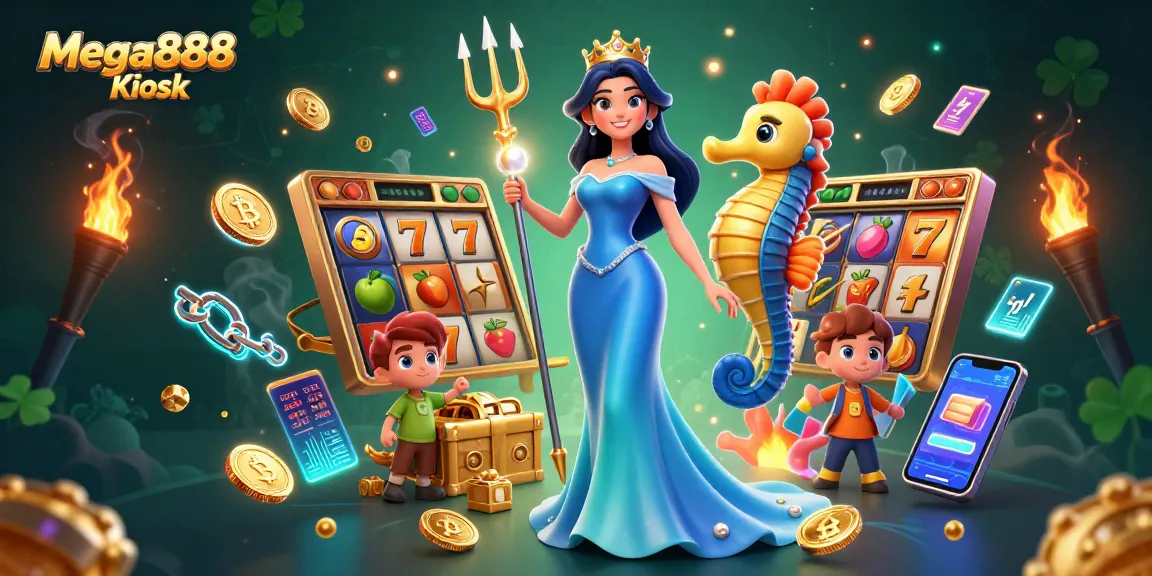Play slots with Mega888 Kiosk while interacting with vibrant underwater treasure elements.