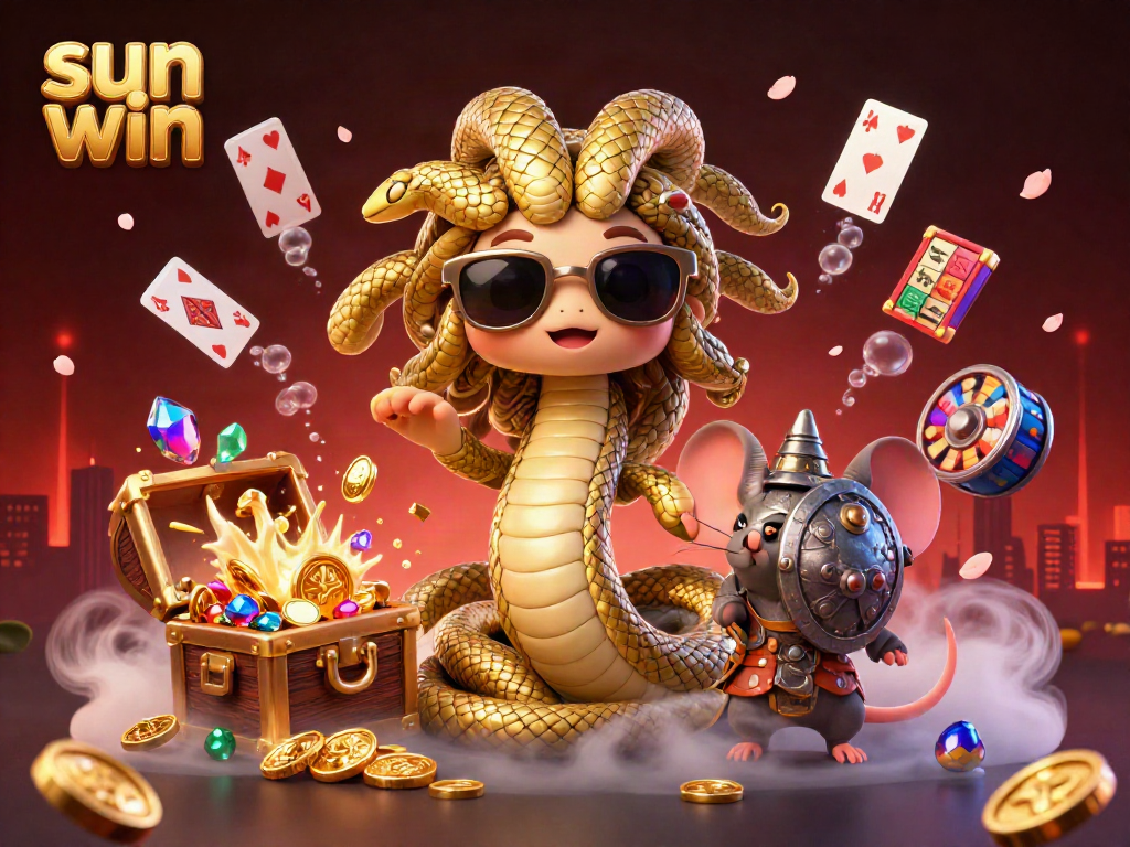 Join the excitement of sun win with a captivating 3D illustration featuring dynamic game elements and mythical characters.
