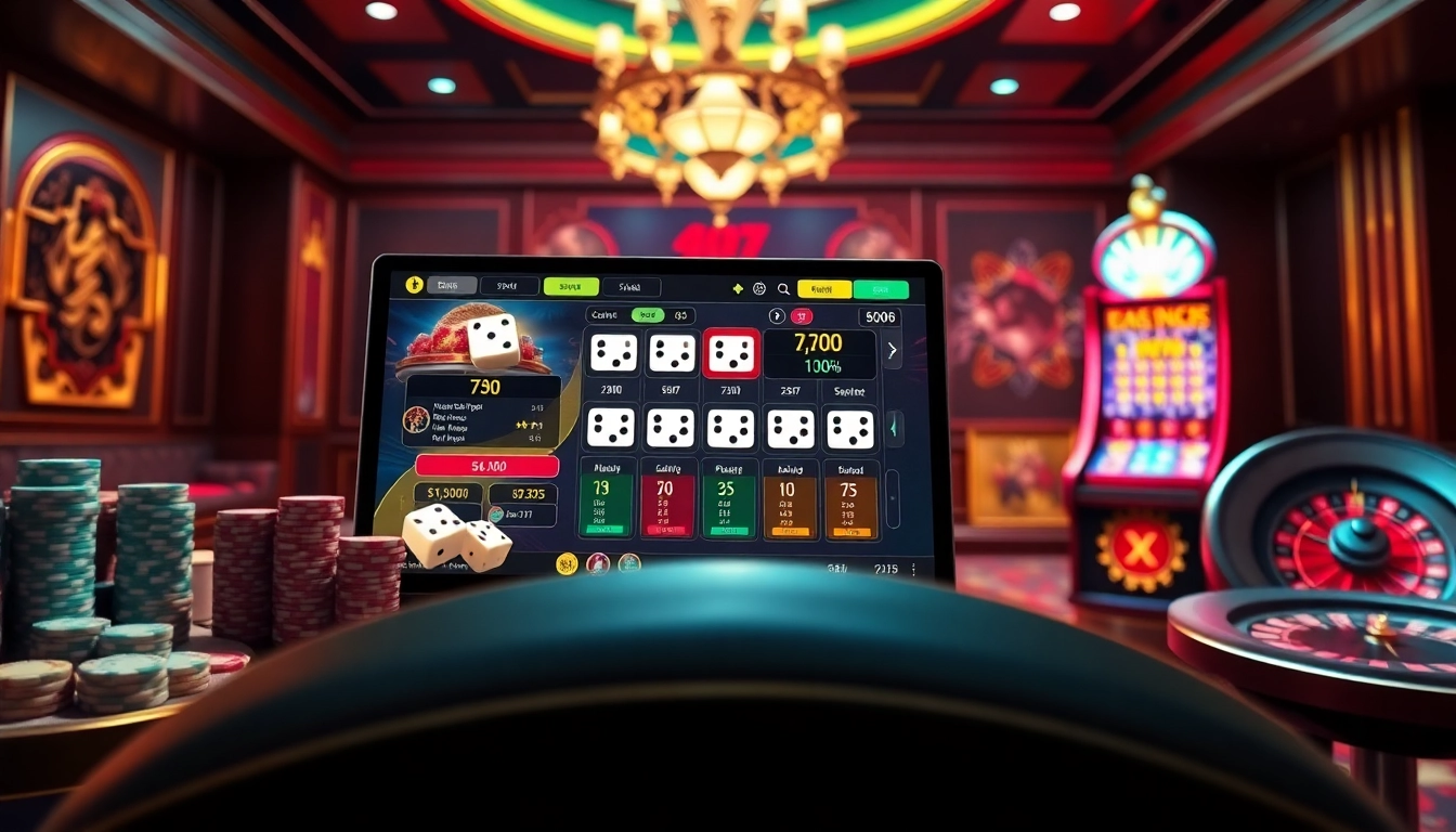 Experience the excitement of tài xỉu online with an interactive gaming interface featuring dice and colorful chips.