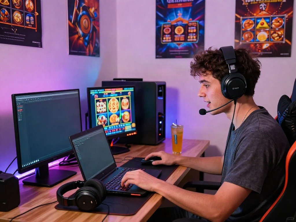 Engaged player enjoying situs slot gacor thailand in a vibrant gaming setup.