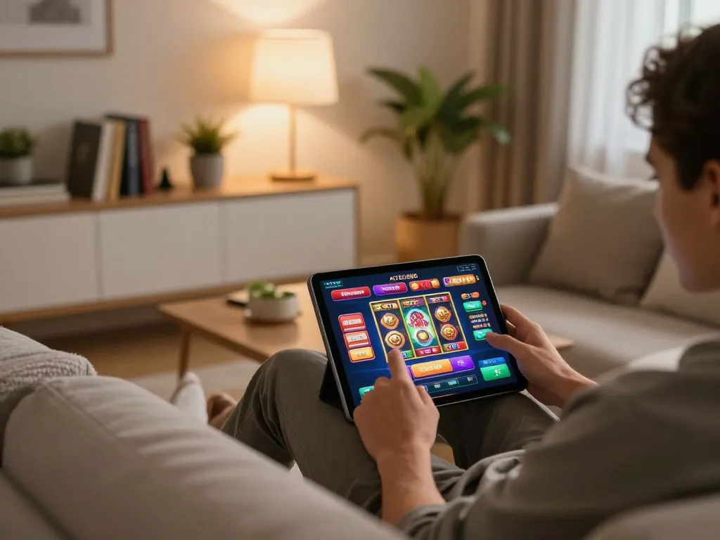Engaging with the AZTEC888 casino app on a tablet in a cozy home gaming environment