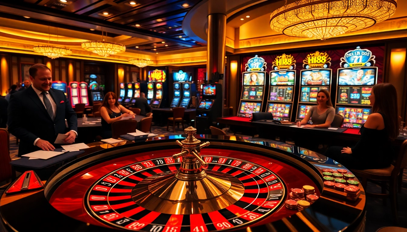 Players enjoying their experience at Hi88's luxurious casino, with roulette and poker action.