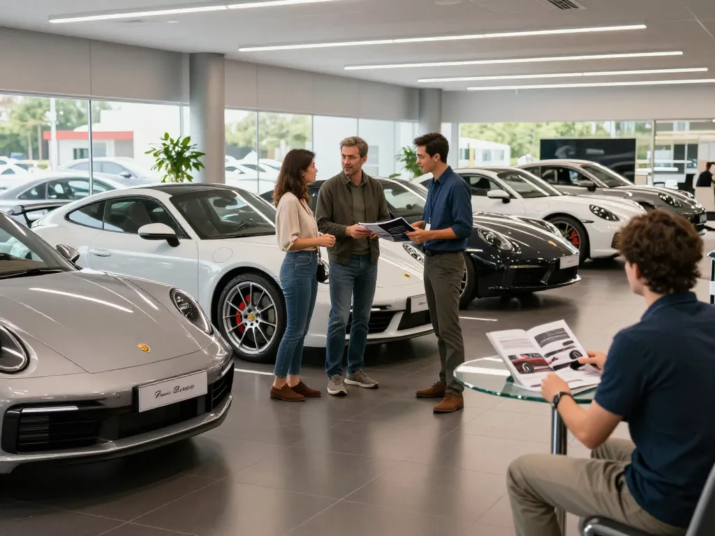 https://www.chappellsportscars.com/used-cars/ showcases a family-run car dealership with a couple inspecting a luxury Porsche model in a modern showroom.