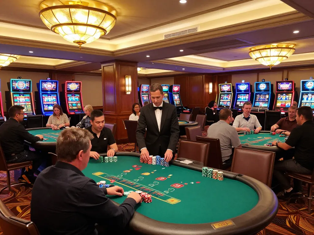 Exciting scene of players at Nhà Cái FB88 enjoying blackjack in a luxurious casino setting