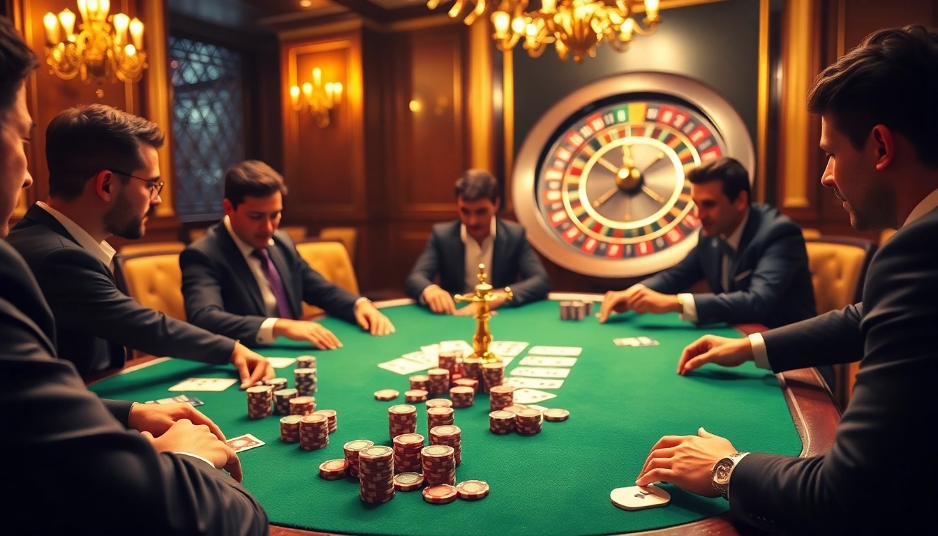 Players enjoying high-stakes poker at fun79 casino, surrounded by vibrant gaming elements.