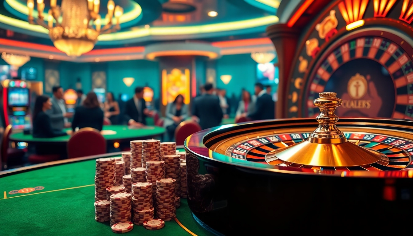 A vibrant casino scene showcasing luxury gambling at http://8kbetok.com/, featuring casino tables, stacks of chips, and an active roulette wheel.