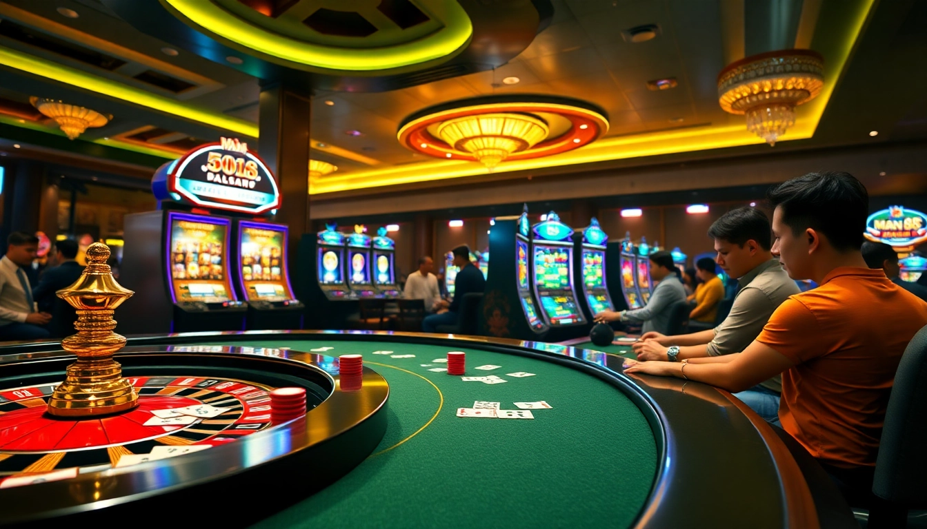 Man88 casino scene showcasing players engrossed in poker and roulette excitement.