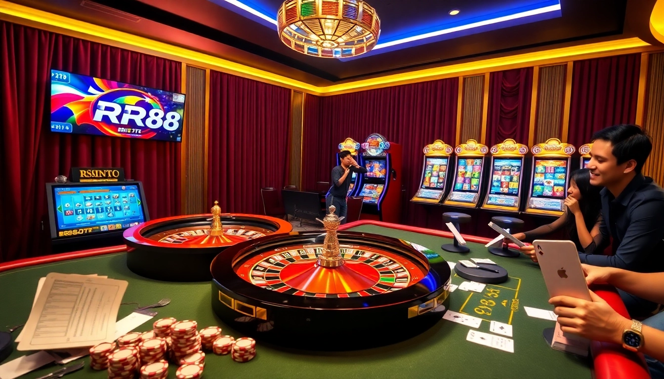 Engaging RR88 players at a vibrant online casino with roulette and slot machines.