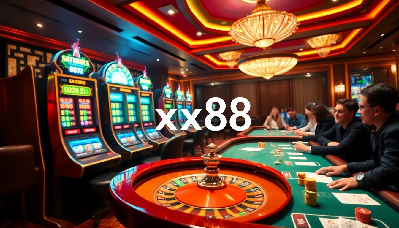 Engaged gamblers winning big at slot machines in the vibrant xx88 casino atmosphere.