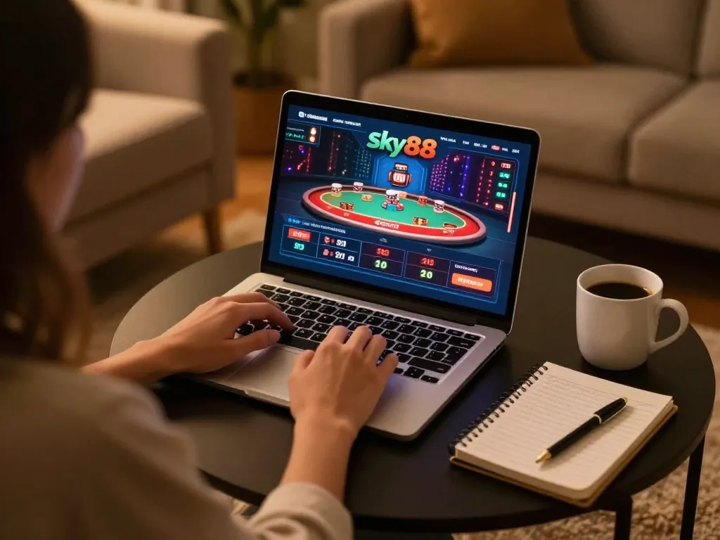 Player engaging with sky88 casino interface on laptop, showcasing online gambling setup and strategic gaming.