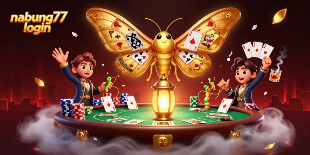 Engage with nabung77 login to explore vibrant casino scenes featuring a majestic moth and poker elements.