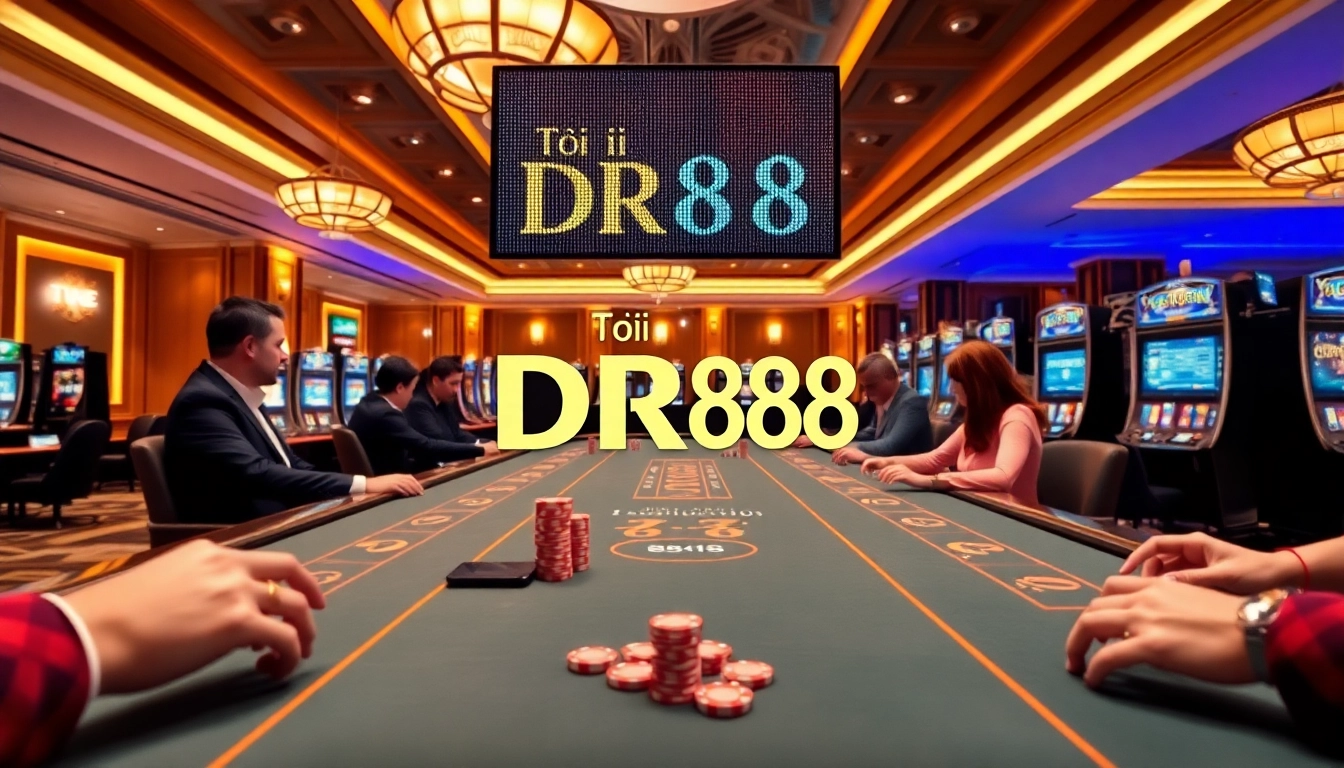 Experience the excitement with Tải DR88 at a luxurious casino table with vibrant slot machines and poker chips.