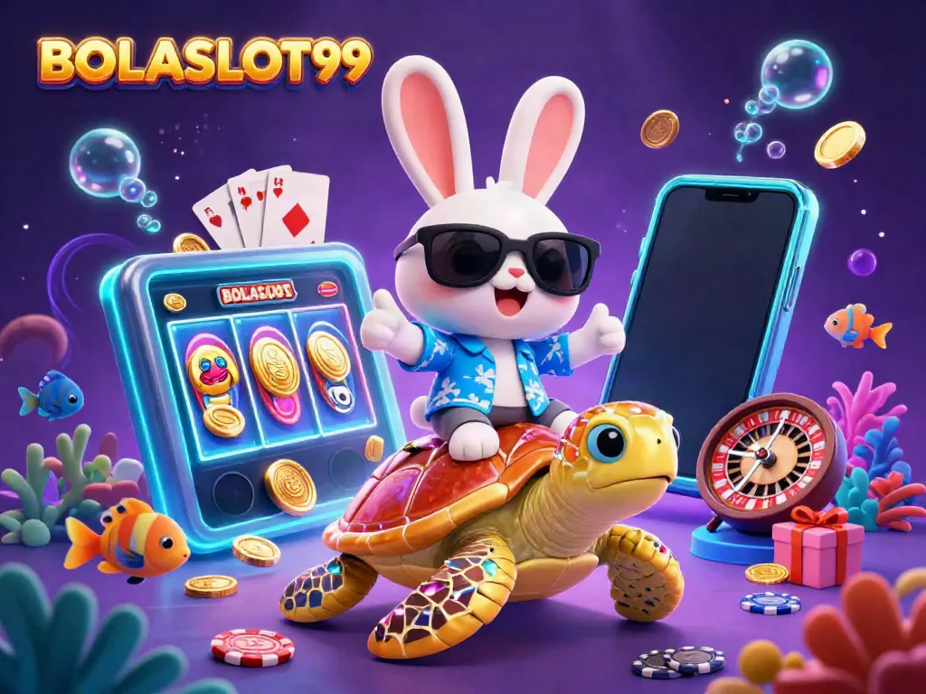 BOLASLOT99 offers an enchanting gaming experience with a lucky rabbit and turtle in a vibrant casino scene.